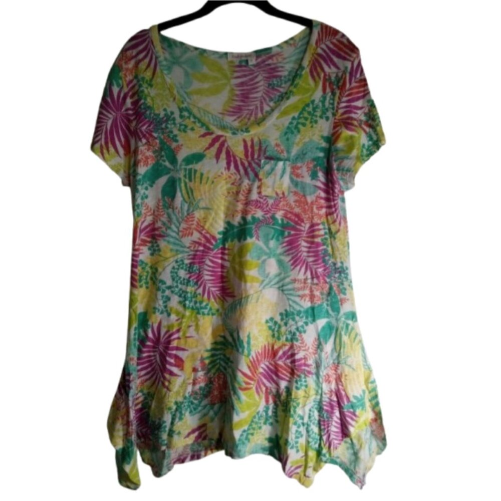 Fresh Produce Top Tropical Tunic Sz XL Bright Multicolor Floral Cotton USA